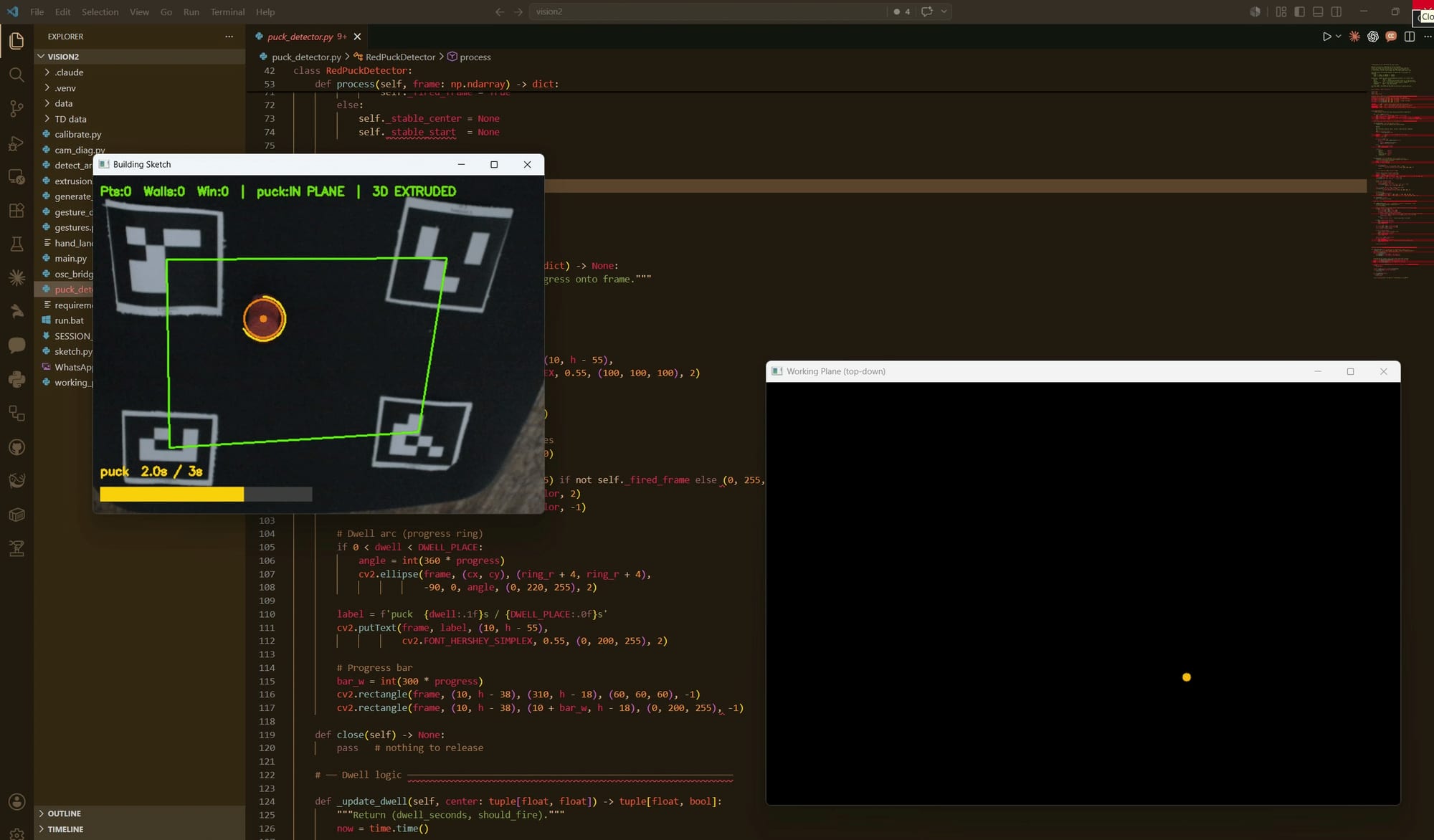 Computer-Vision-Pipeline: ArUco-Erkennung und Puck-Tracking im Entwicklungsfenster